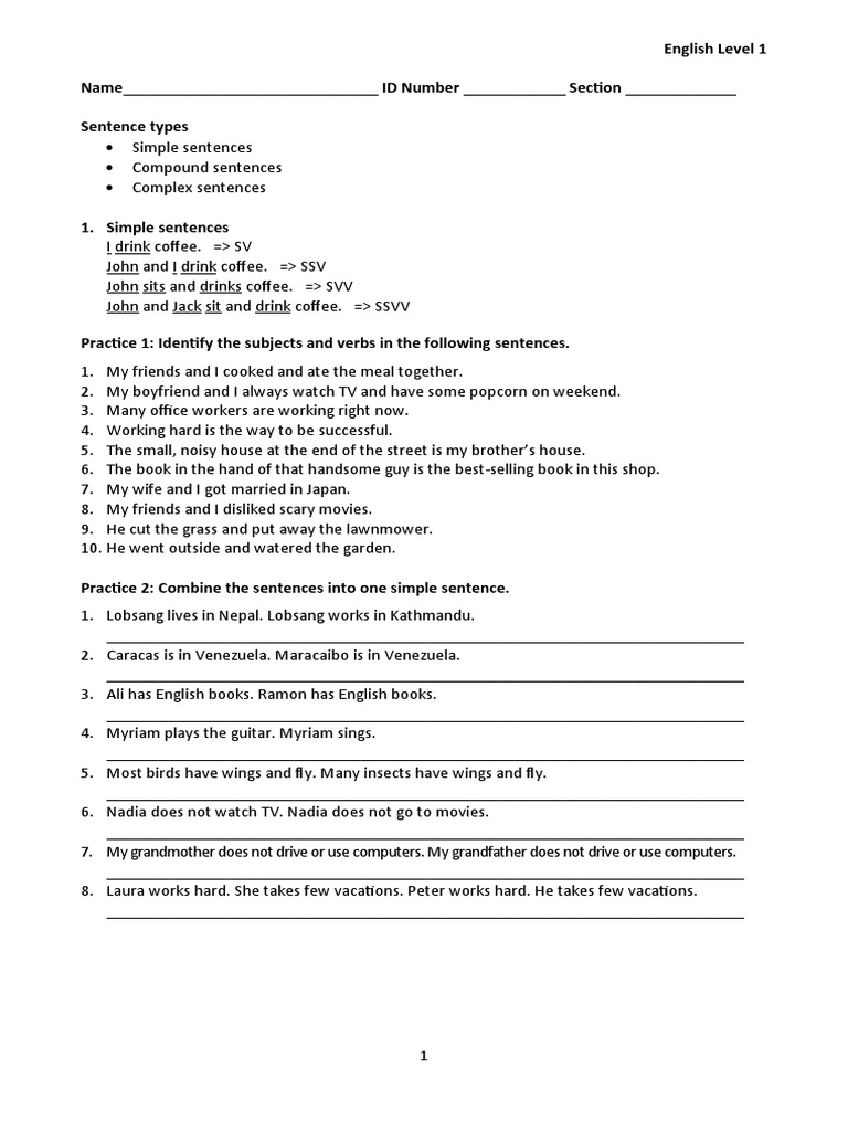 English Level 1: Sentence Types Guide | PDF | Adverb | Linguistics