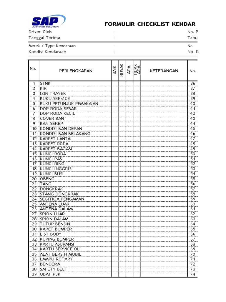 Formulir Checklist Kendaraan Roda 4 | PDF