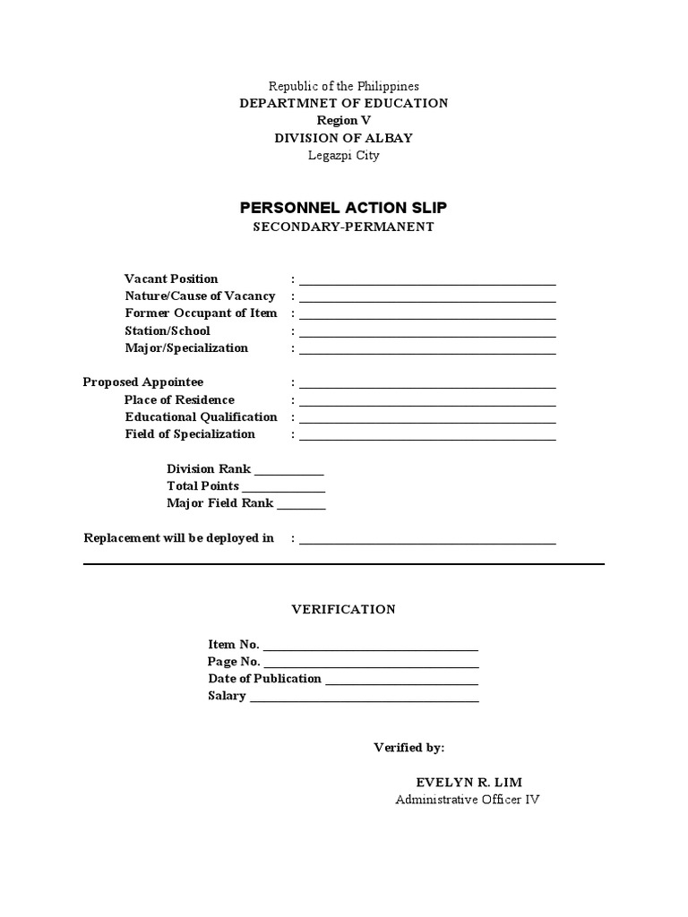 Personnel Action Slip for DepEd Positions | PDF