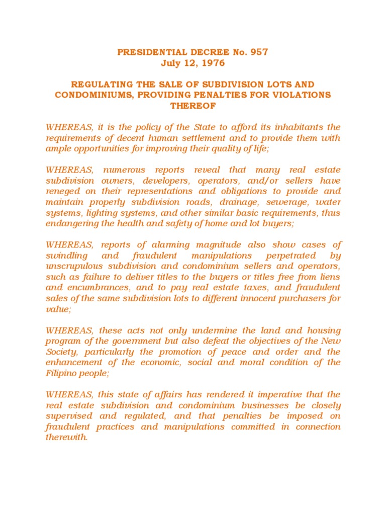 Presidential decree no 957 regulating sale of subdivision lots