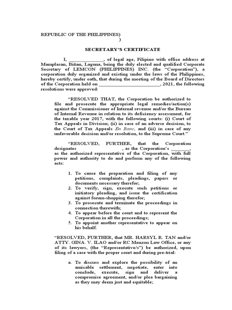 Secretarys Certificate | PDF | Internal Revenue Service | Government ...