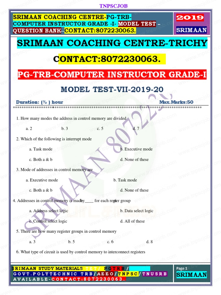 TRB Computer Instructor Model Question Paper 1 by SriMaan PDF
