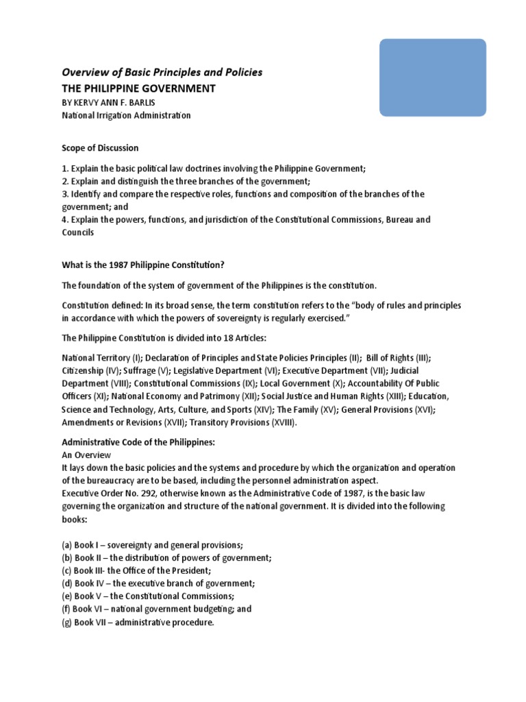 Philippine Government Principles Overview | PDF | Separation Of Powers ...