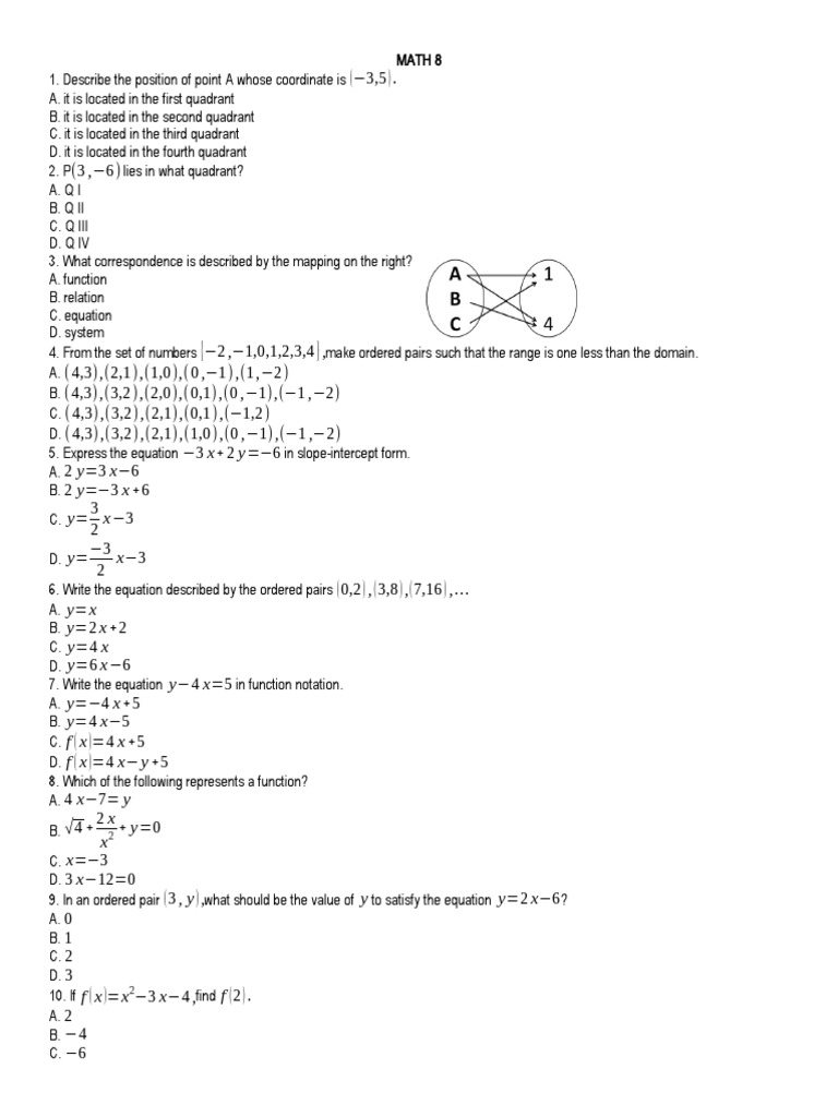 Quadrant Location and Functions in Math 8 | PDF | Cartesian Coordinate ...