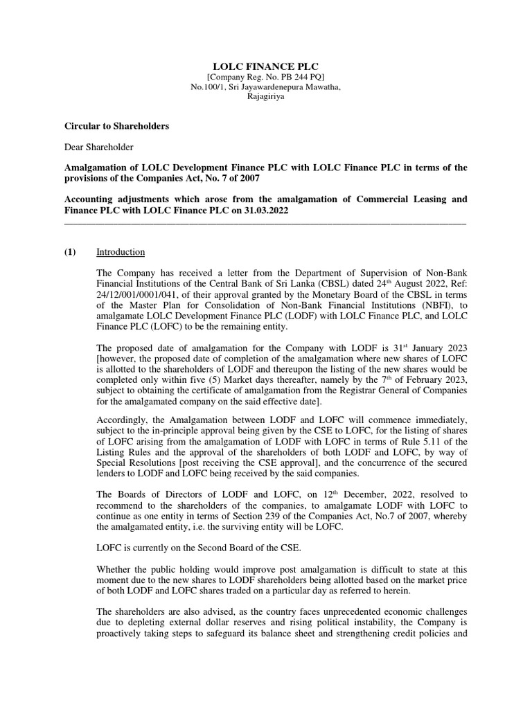 LOLC Finance Amalgamation Update | PDF | Consolidation (Business ...