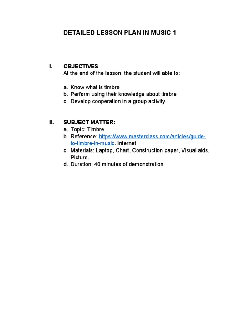 Detailed Lesson Plan in Music Timbre PDF Performing Arts Sound