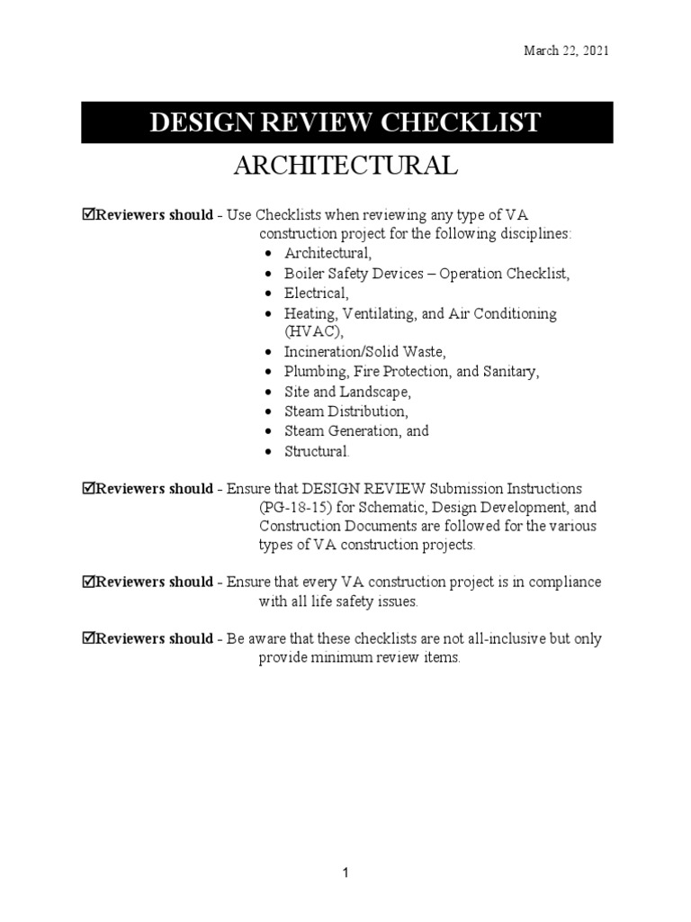 Architectural Design Review Checklists and Guidelines for VA
