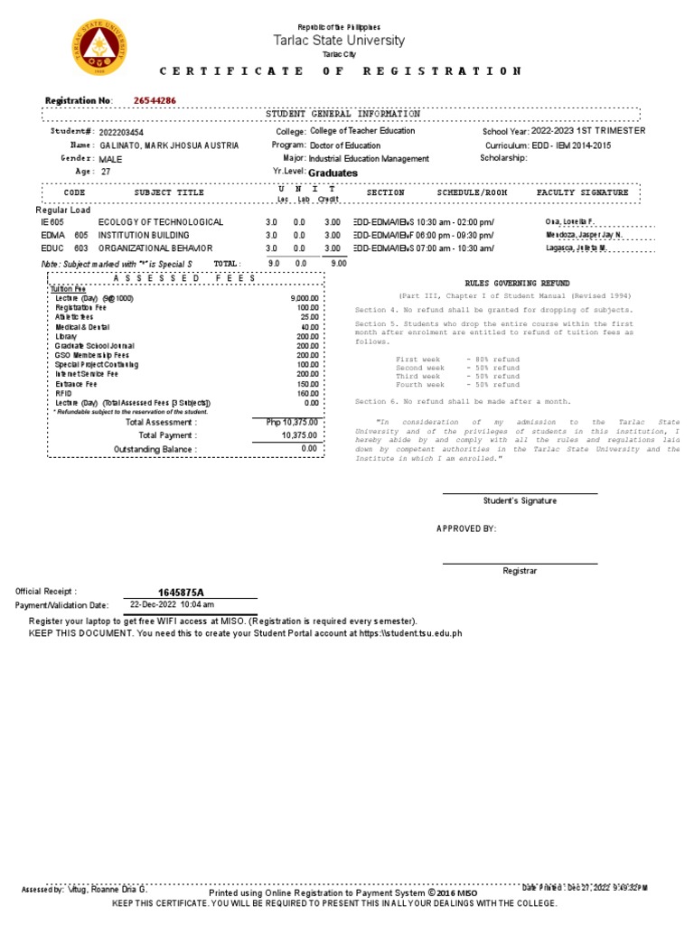 Certificate of Registration: Tarlac State University | PDF