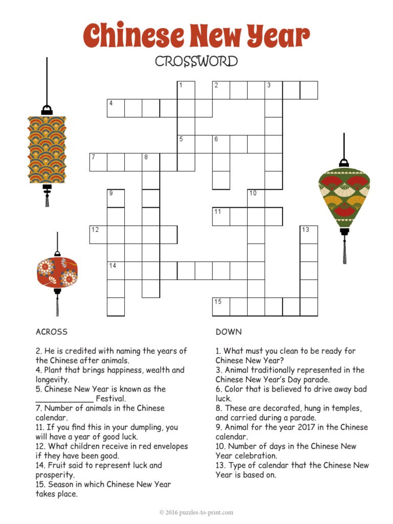 Chinese New Year Crossword PDF Observances Traditions
