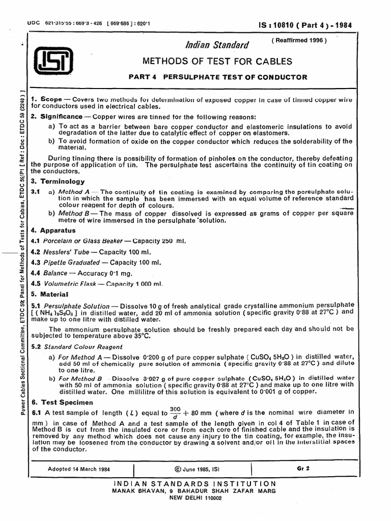 Indian standard methods of test for cables pdf wire solvent