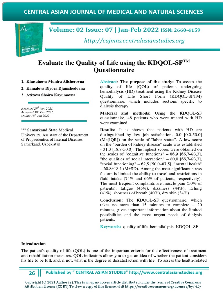 Evaluate The Quality of Life Using The KDQOL-SFTM Questionnaire | PDF ...