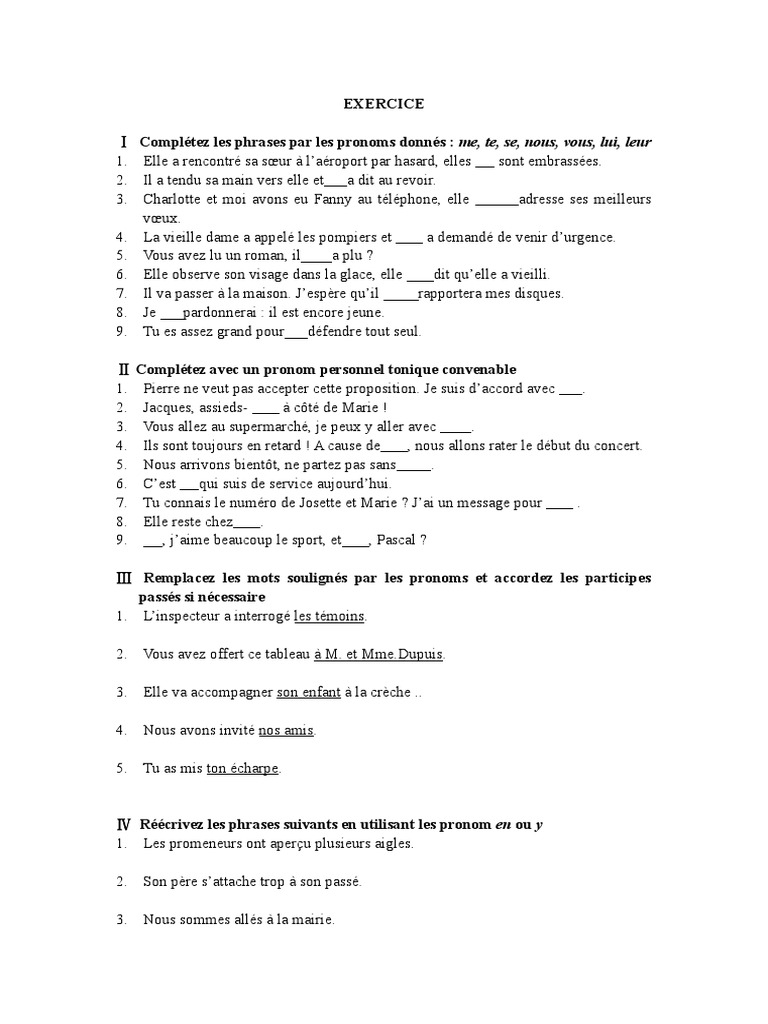 Exercices sur les pronoms en français | PDF | Arts du langage et discipline