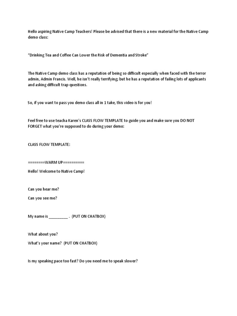 Native camp demo class flow template pdf