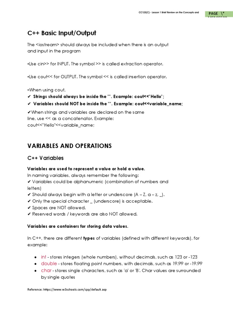 Lesson 1 - Brief Review On The Concepts and Fundamentals of C++ | PDF ...