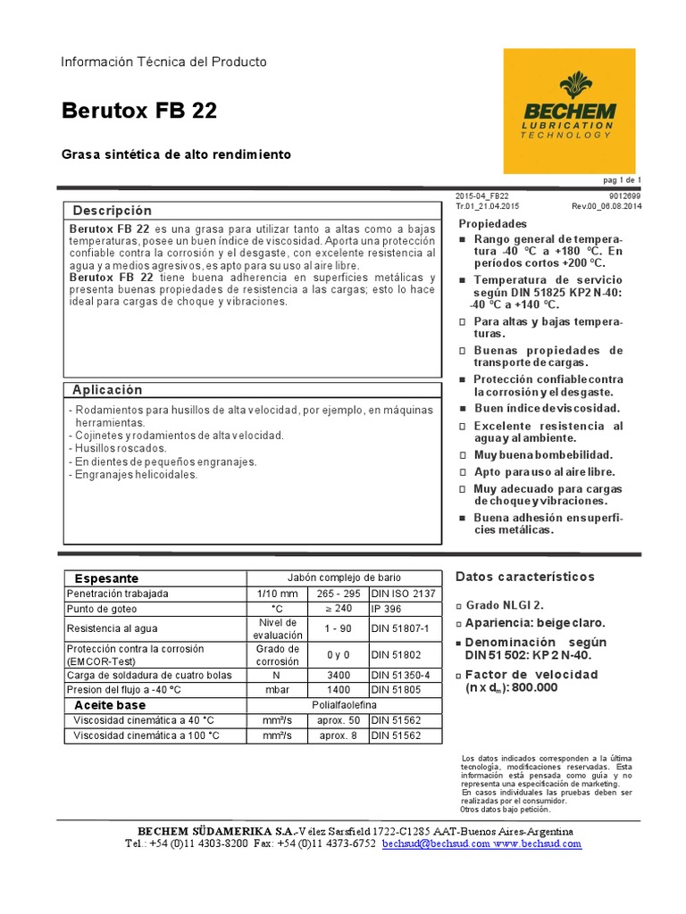 Bechem Berutox FB 22 | PDF | Rodamiento (Mecánico) | Engranaje