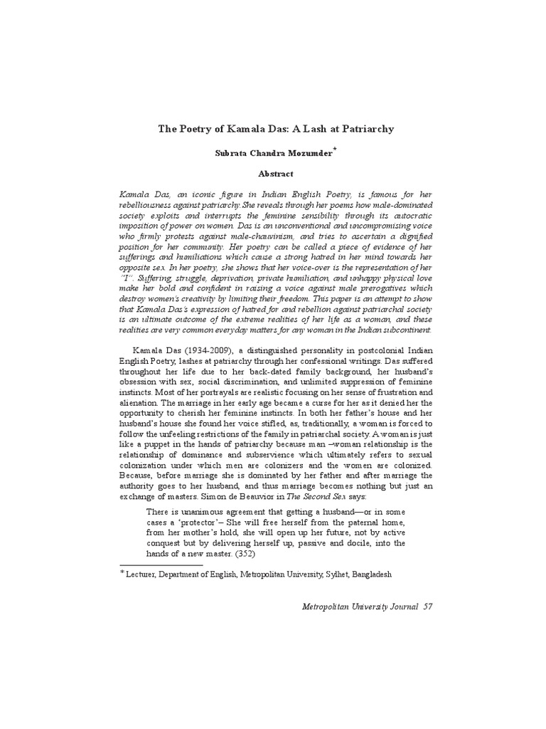 The Poetry of Kamala Das A Lash at Patriarchy PDF Patriarchy