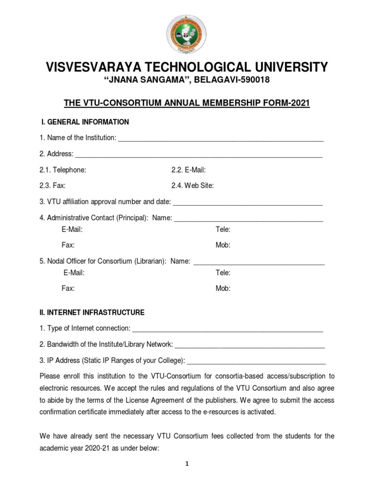 VTU Consortium Membership Form 2021 | PDF | Internet | Libraries