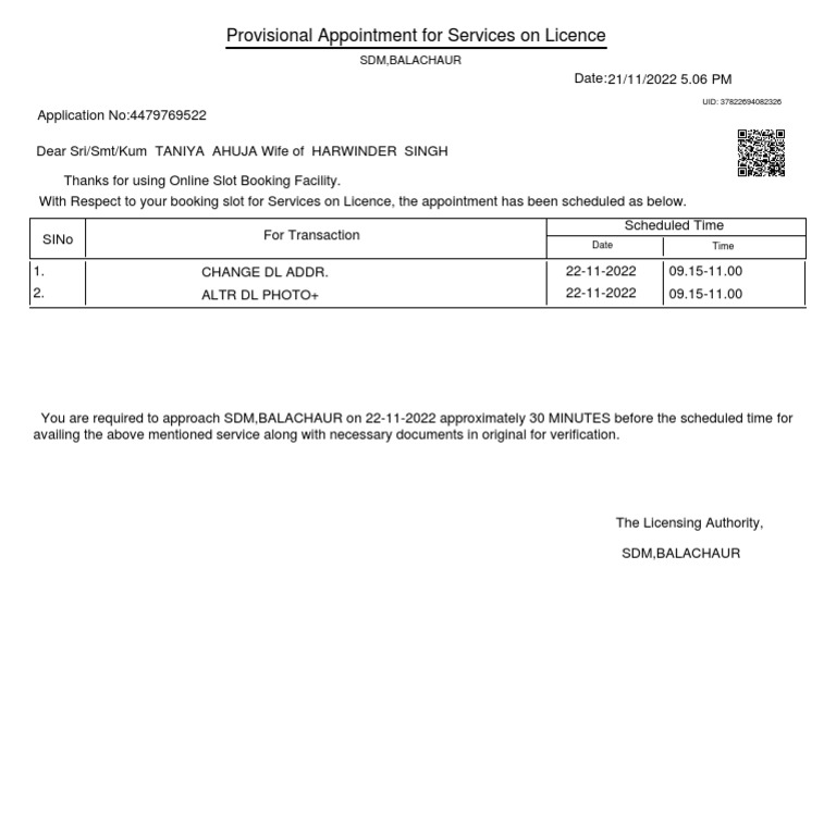Provisional Appointment For Services On Licence SDM, Balachaur PDF