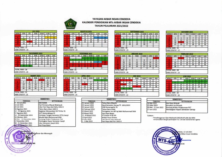 Kalender Pendidikan MTS Aic TP 2021-2022 | PDF