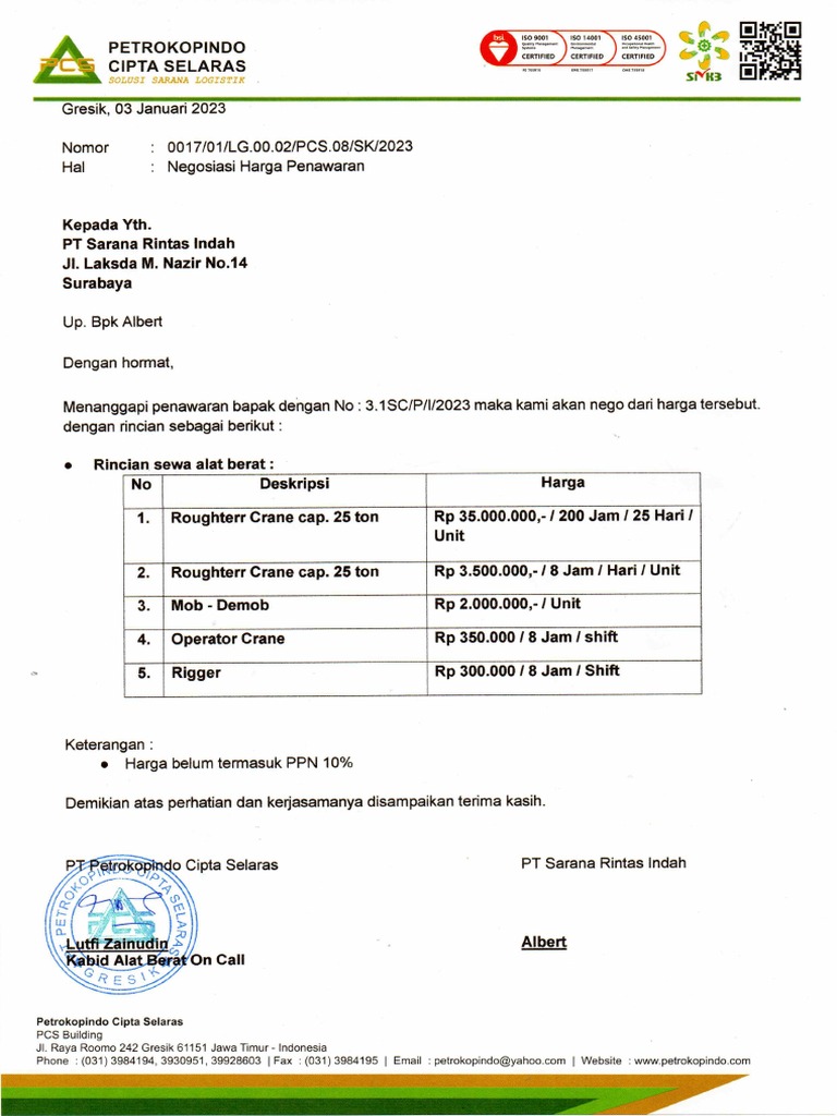Negoisasi Penawaran PT. Sarana Rintas Indah | PDF