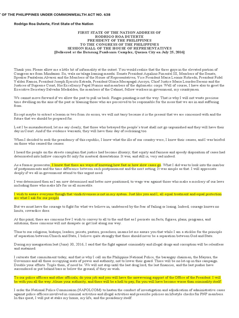 Duterte's First State of the Nation Address | PDF | Law