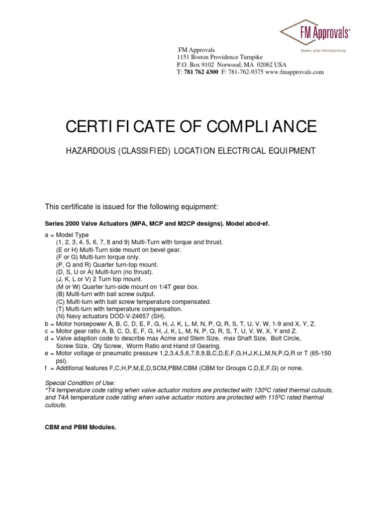 Certificate of Compliance FM Approval Certificate of Compliance For