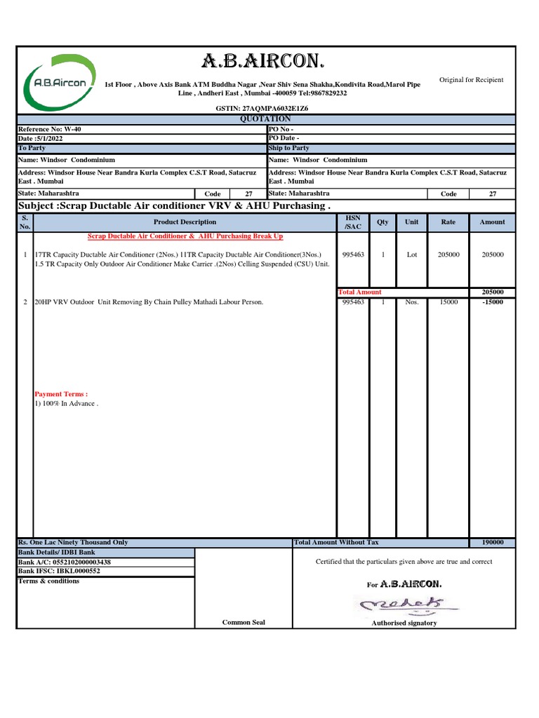 Scrap Air Conditioner Purchase Invoice | PDF