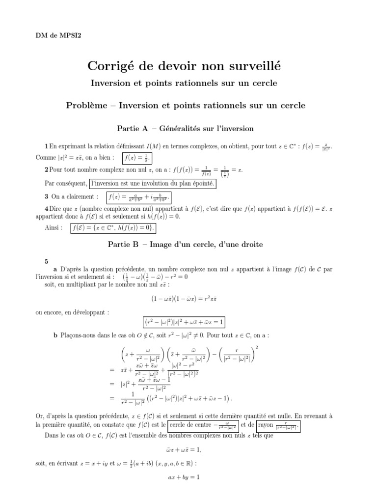 DM Inversion Et Points Rationnels Corrige | PDF | Algèbre générale ...