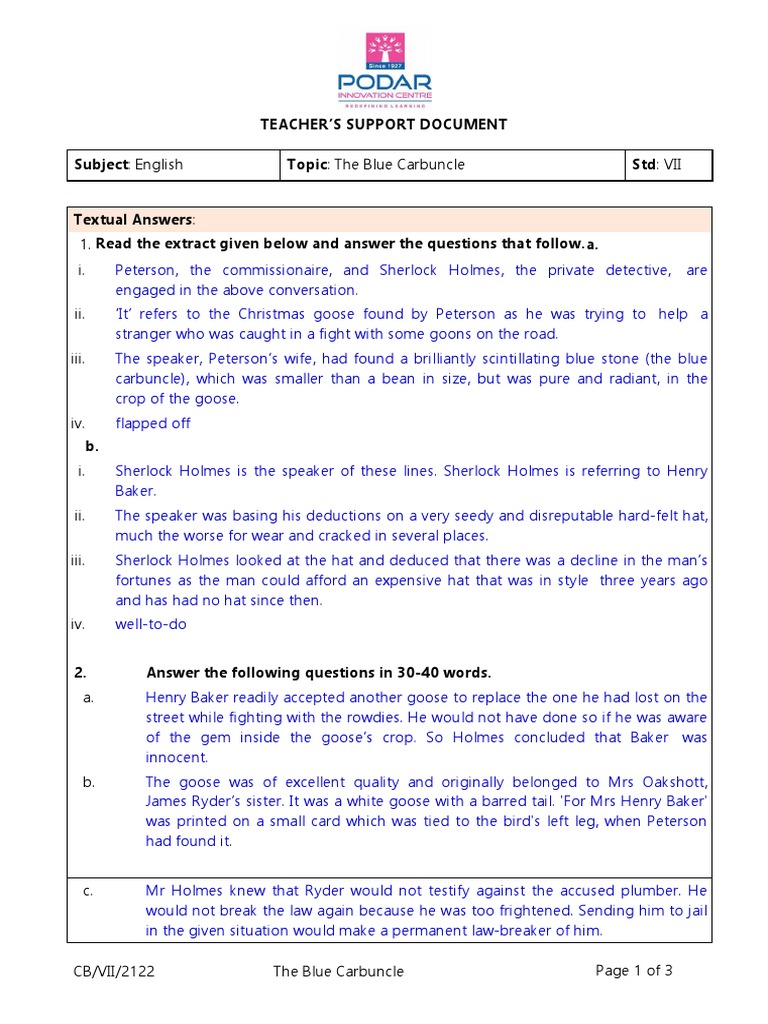 Blue Carbuncle Class 7 Q&A Guide | PDF | Linguistic Morphology ...