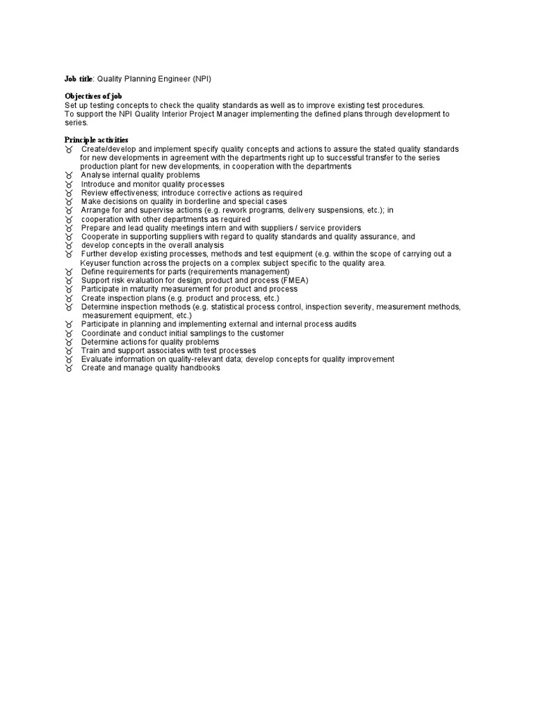 Description Job Title Quality Planning Engineer (NPI) Objectives of