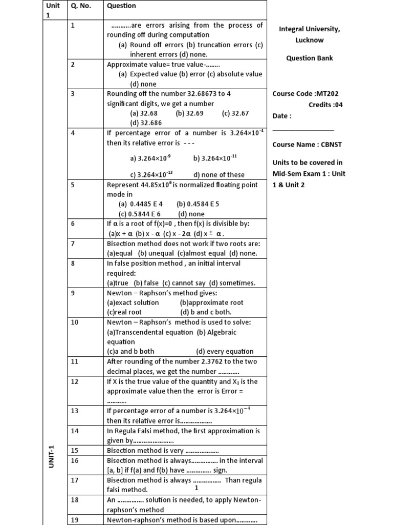 CBNST Mid-Sem Exam Question Bank | PDF | Equations | Applied Mathematics
