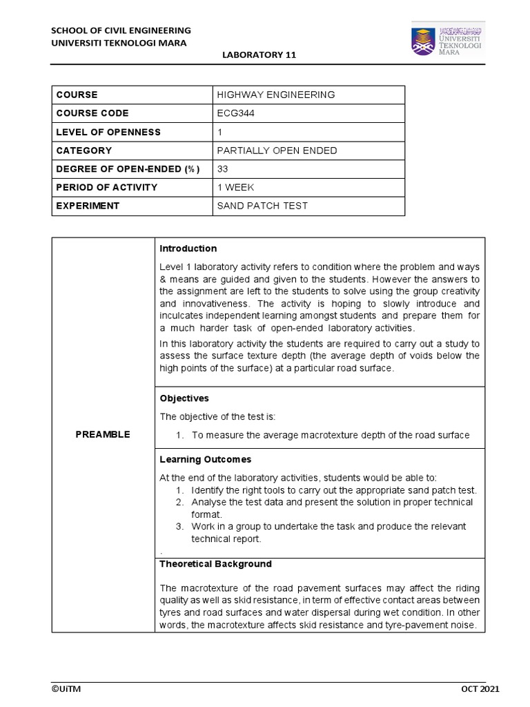 LAB 11 Sand Patch Method OEL 1 PDF Road Sand
