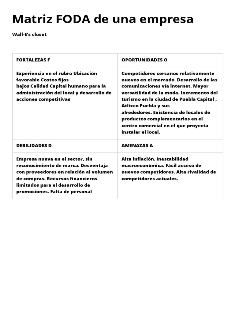 Matriz FODA de Una Empresa | PDF