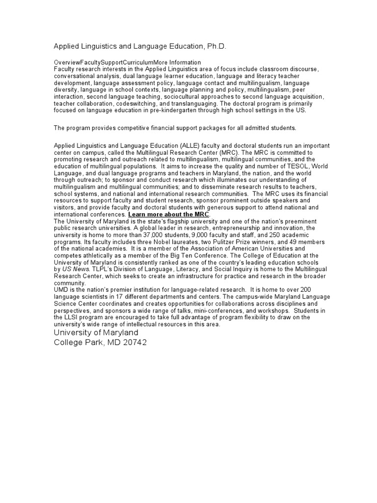 Ph.D. in Applied Linguistics at UMD | PDF | Language Education ...