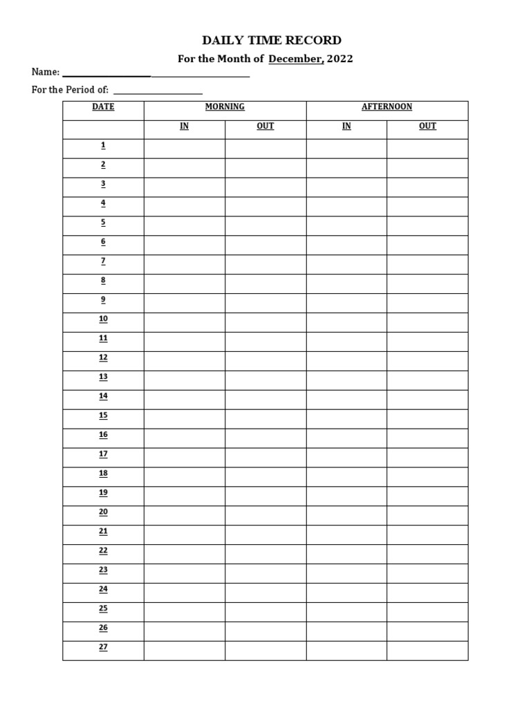 Editable Daily Time Record Template | PDF