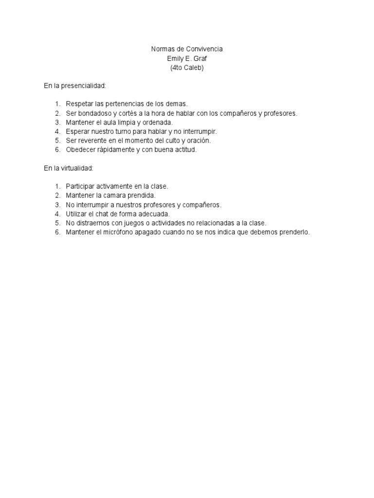 Normas de Convivencia para Cuarto Grado | PDF
