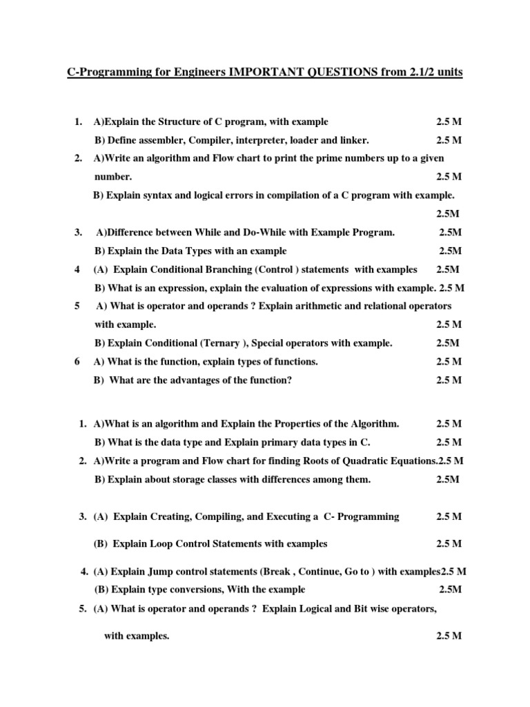 C programming for engineers important questions pdf computer