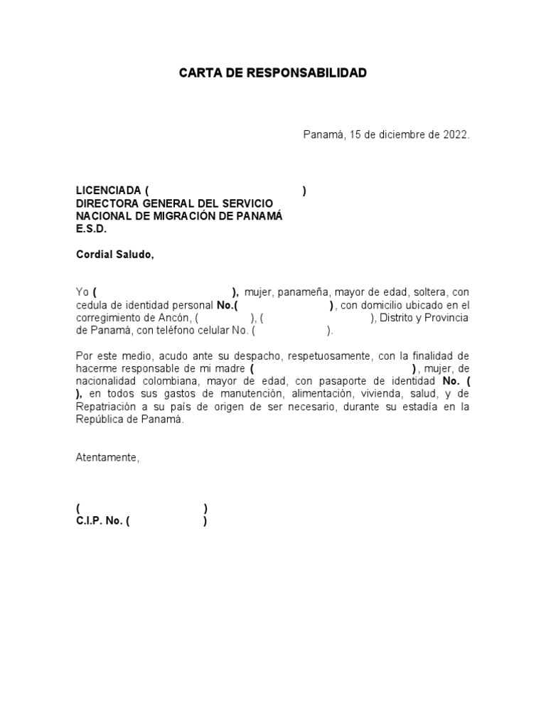 Modelo De Carta De Responsabilidad
