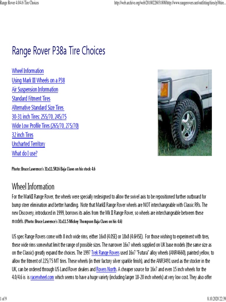Range Rover 4.0 - 4.6 Tire Choices | PDF | Tire | Off Roading
