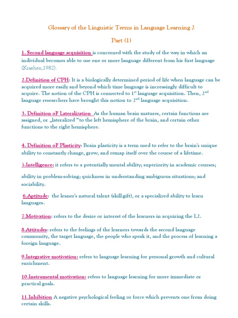 Glossary of Linguistic Terms 1 | PDF | Second Language | Lateralization ...