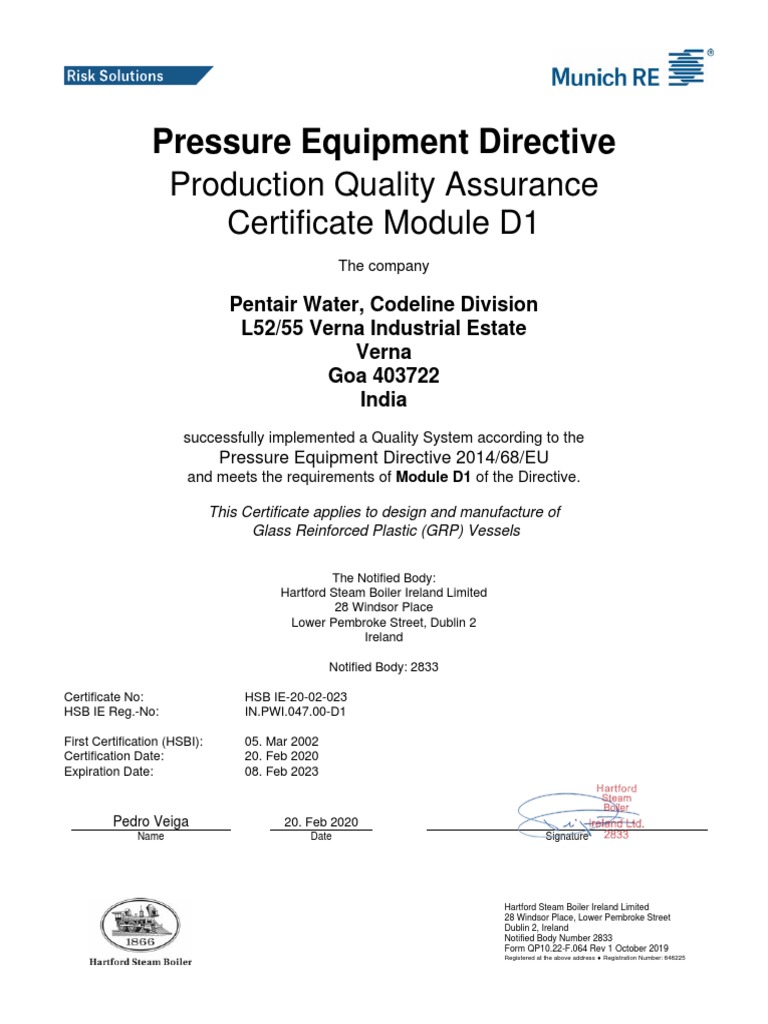 Pentair Water, Codeline Division Receives Pressure Equipment Directive