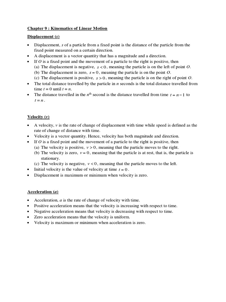 Kinematics of Linear Motion Notes PDF Velocity Kinematics