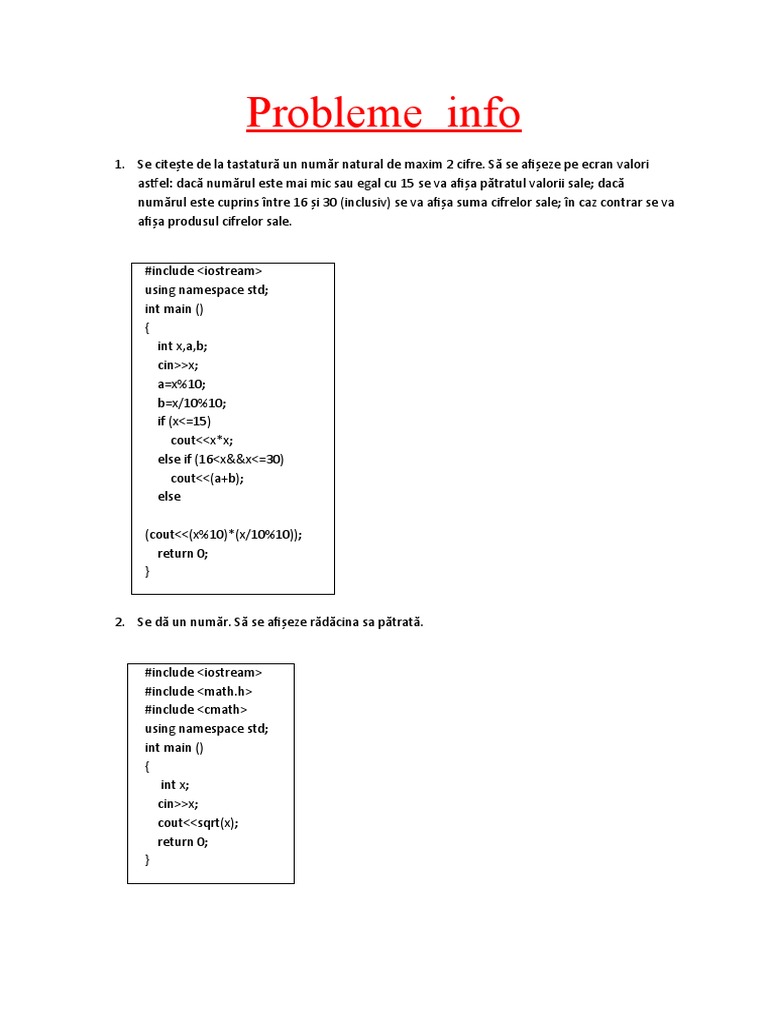 Probleme Informatica C++ Clasa A 9 a Rezolvate Probleme Informatica | PDF