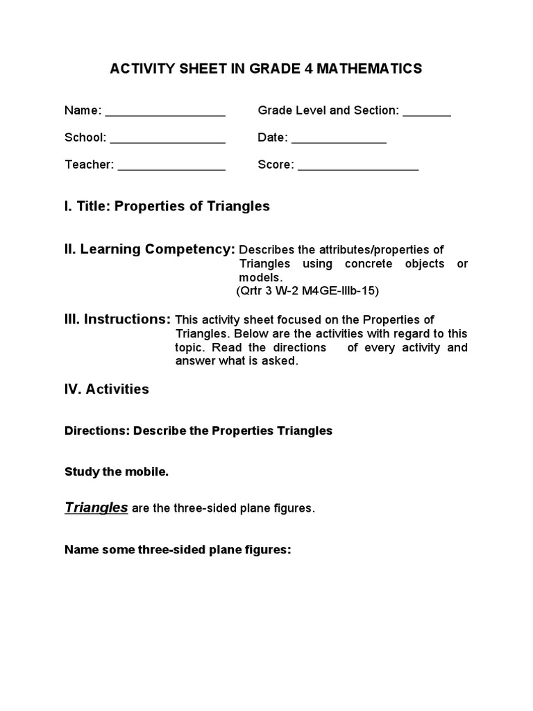 Properties of Triangles Activity Sheet | PDF | Teaching Methods & Materials