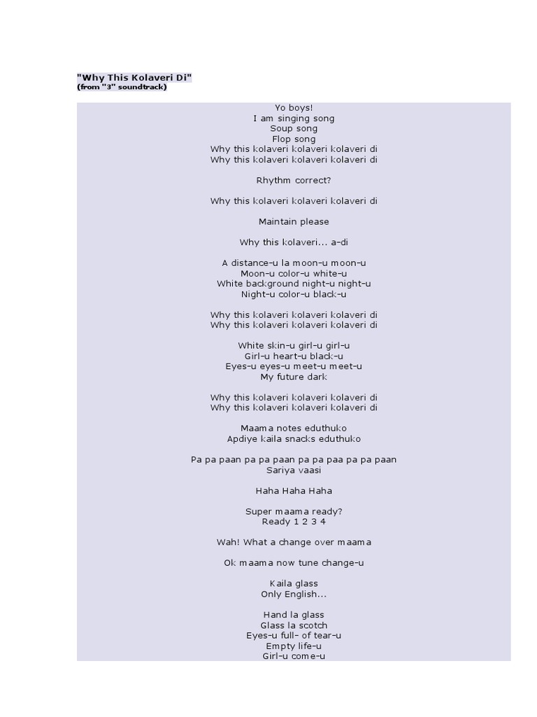 Why This Kolaveri Di Lyrics PDF