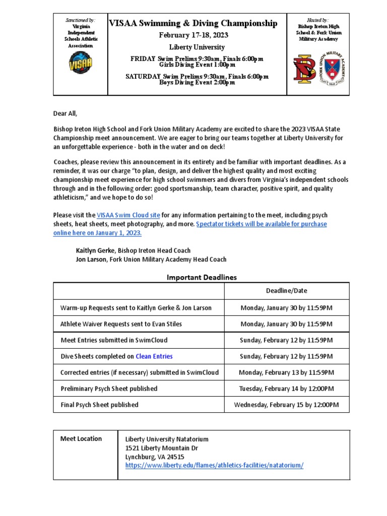 Visaa State Championship Meet Information | PDF | Swimming (Sport ...
