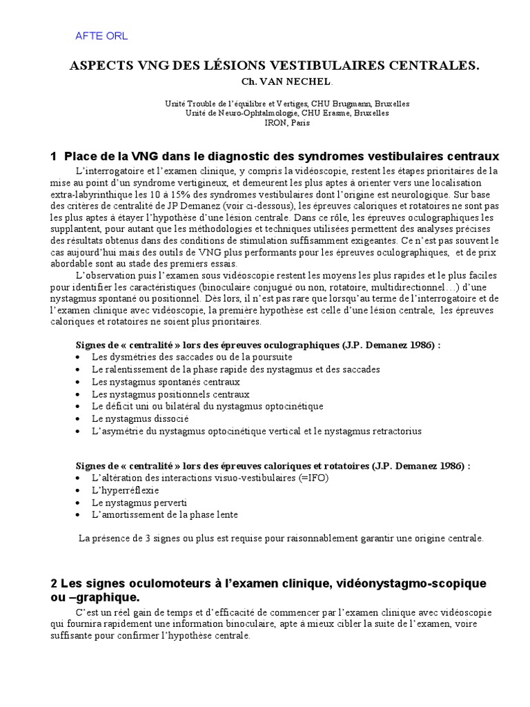 VNG et Lésions Vestibulaires Centrales | PDF