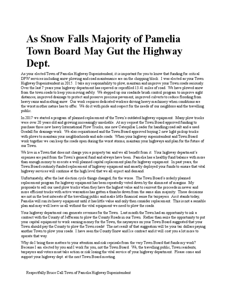 Pamelia Highway Superintendent Criticizes Possible Budget Cuts | PDF | Road | Snow