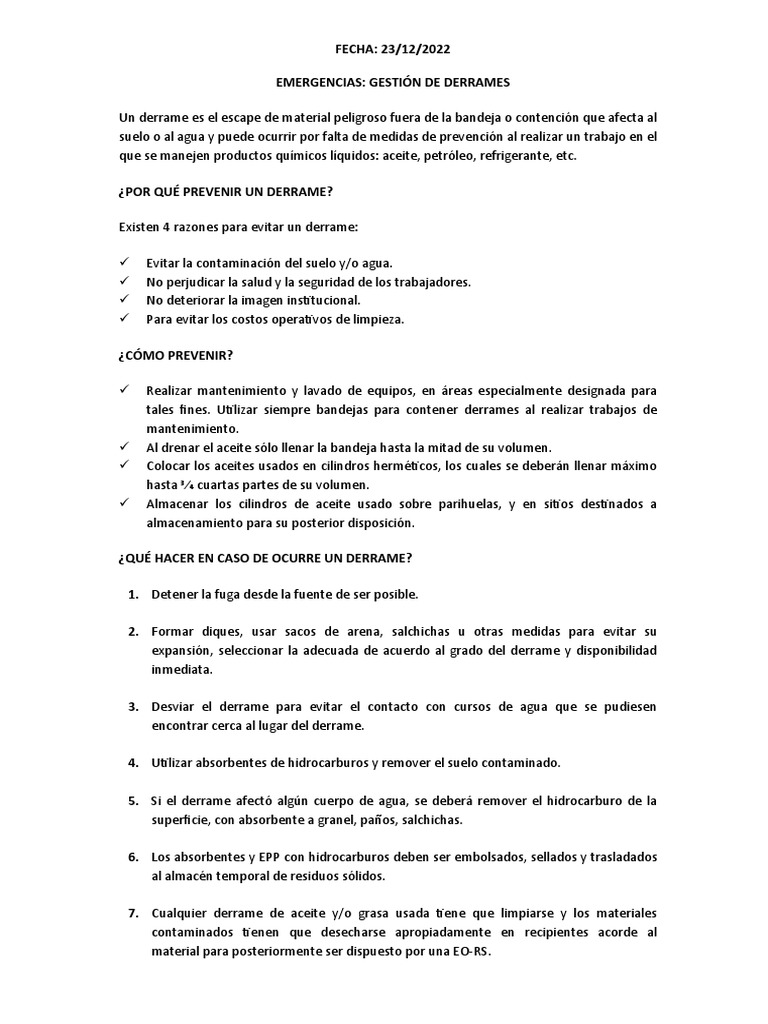 Protocolo para Manejo de Derrames Químicos | PDF