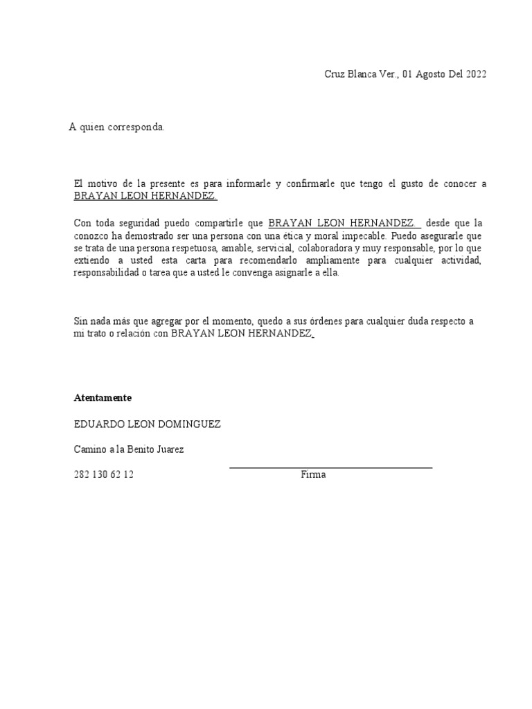 Carta de Recomendación Personal PDF | PDF
